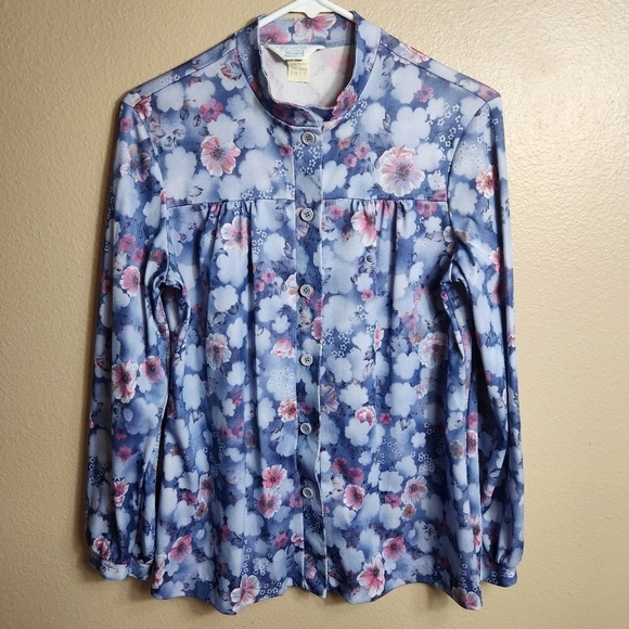 Sears Tops - Sears Womens Vintage 70s Blue Floral Buttonfront Shirt-Size 16